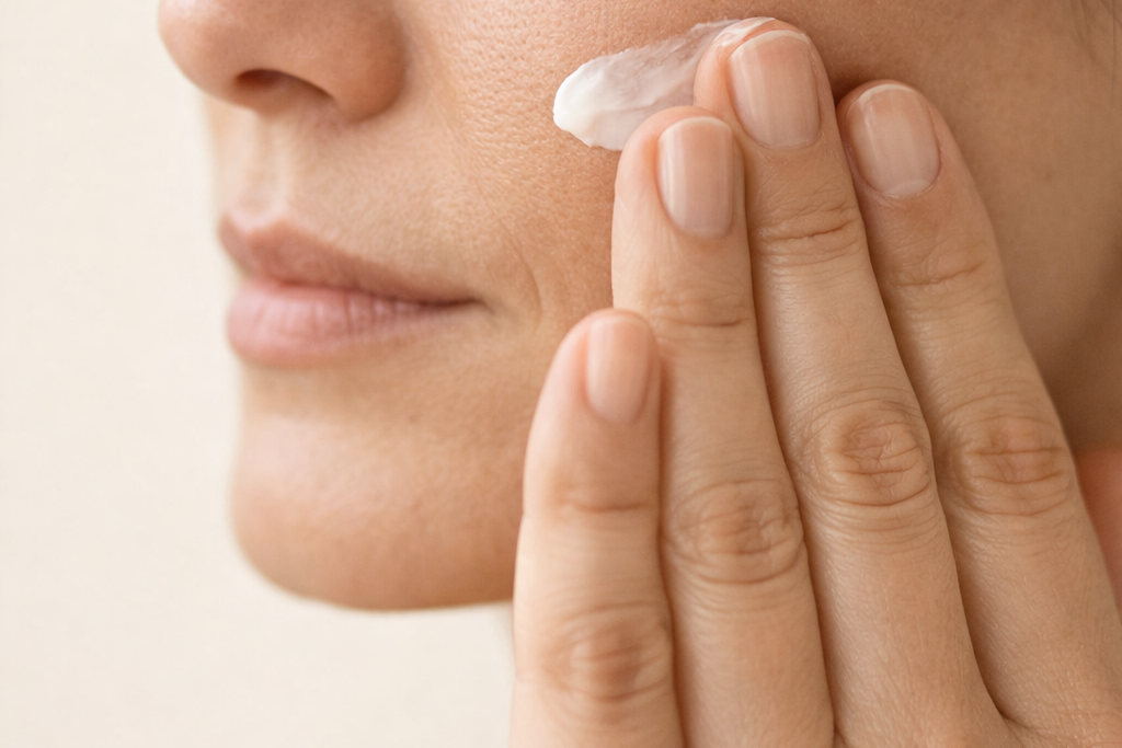 Woman applying moisturizer to cheek with NatureGlow natural skincare for sensitive skin