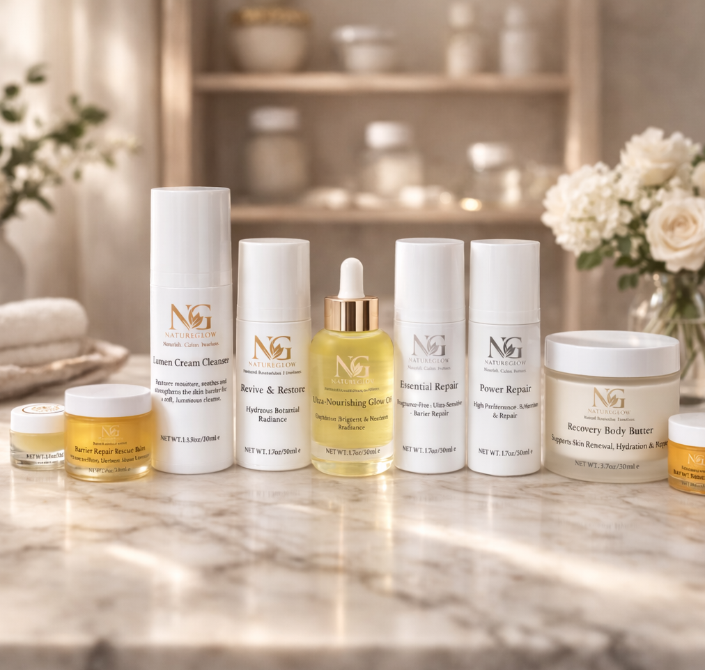 NatureGlow Skincare full product range including Revive & Restore Cream, Ultra-Nourishing Glow Oil, Lumen Cream Cleanser and barrier repair moisturizers displayed on marble surface