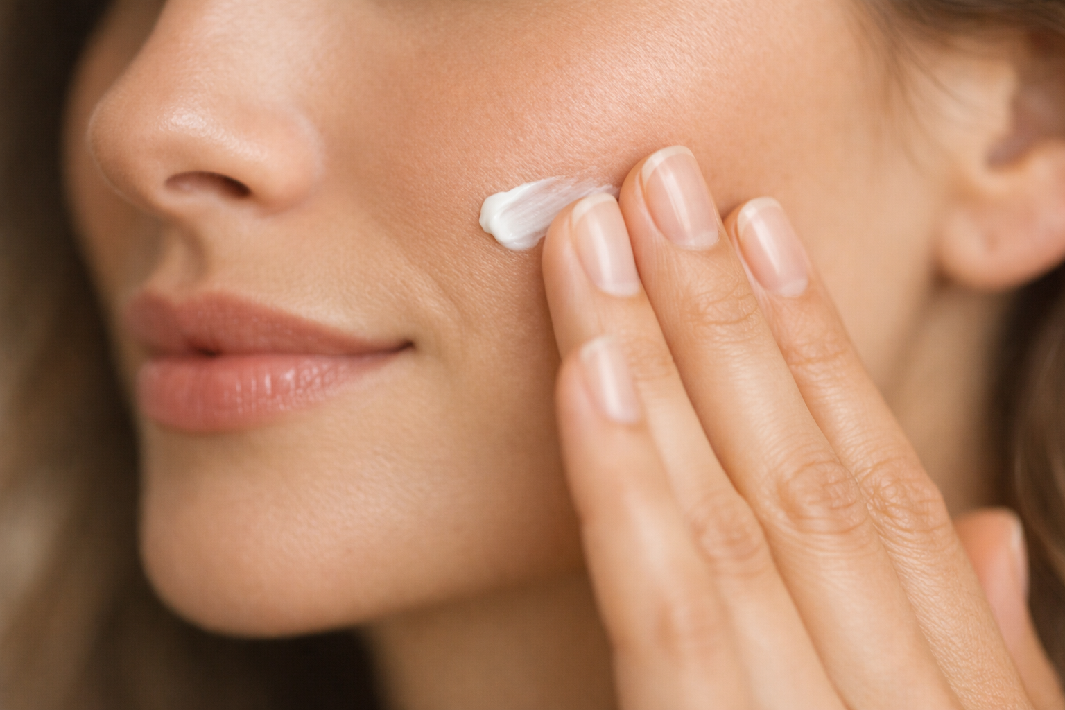 Woman applying natural barrier-repair moisturizer by NatureGlow Skincare